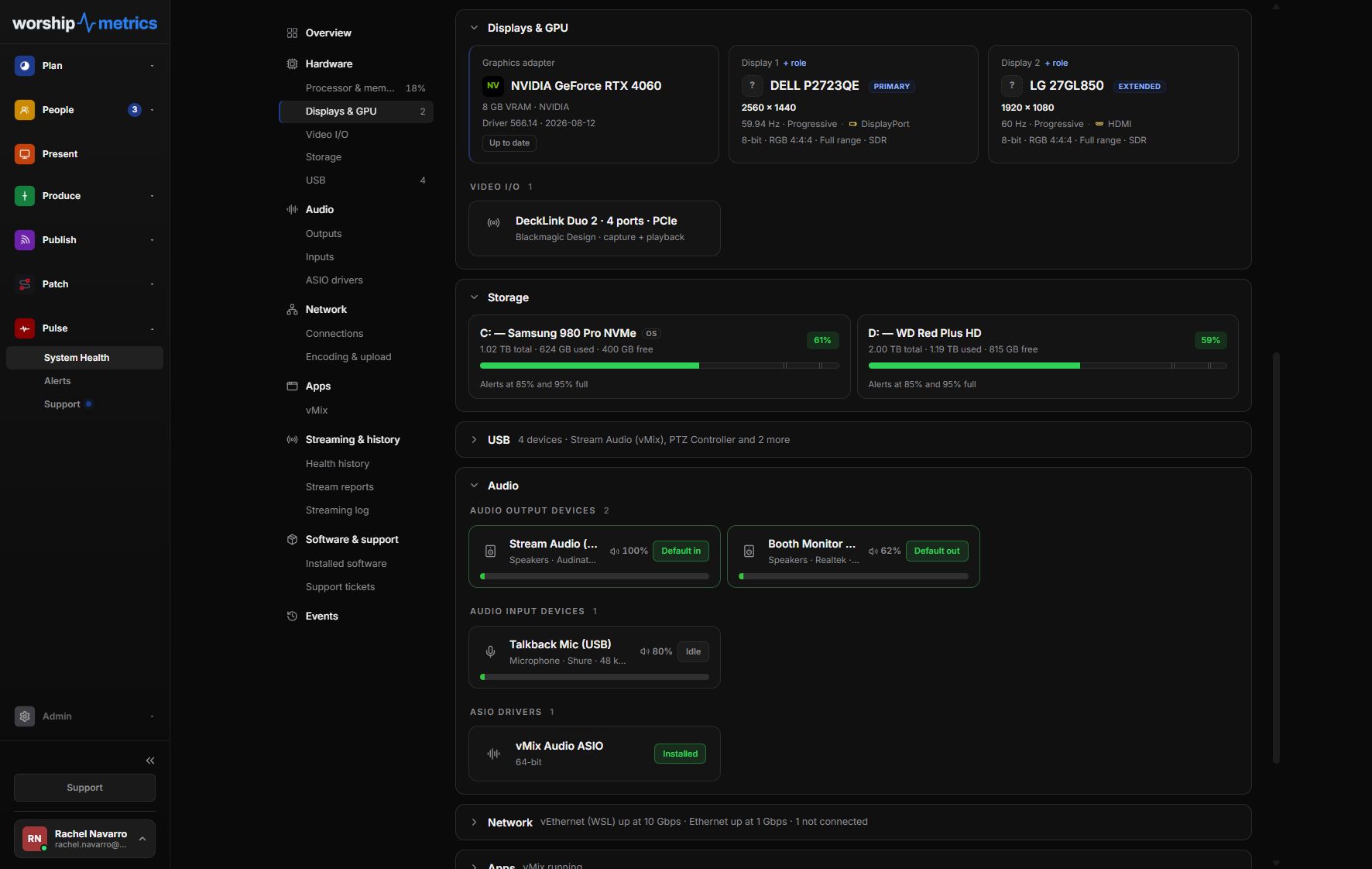 A machine's hardware page in WorshipMetrics Pulse: graphics card and driver date, two displays, a DeckLink capture card, storage drives, and audio devices