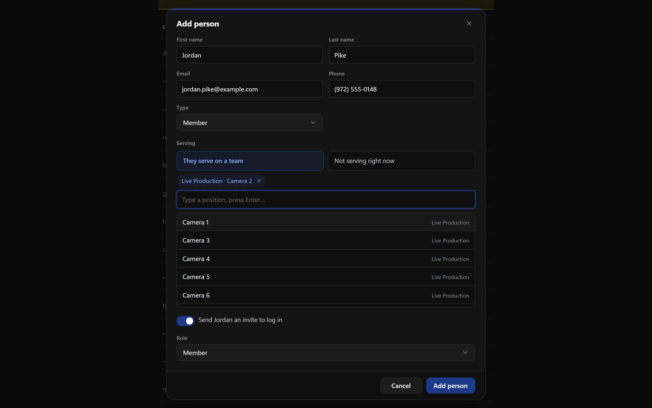 Adding a volunteer in WorshipMetrics: name, email, phone, the team positions they serve in, a send-an-invite toggle, and their role