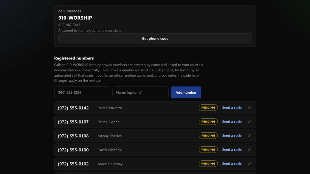 Phone support in WorshipMetrics: 910-WORSHIP answered by Journey, the Get phone code button, and the church's registered numbers