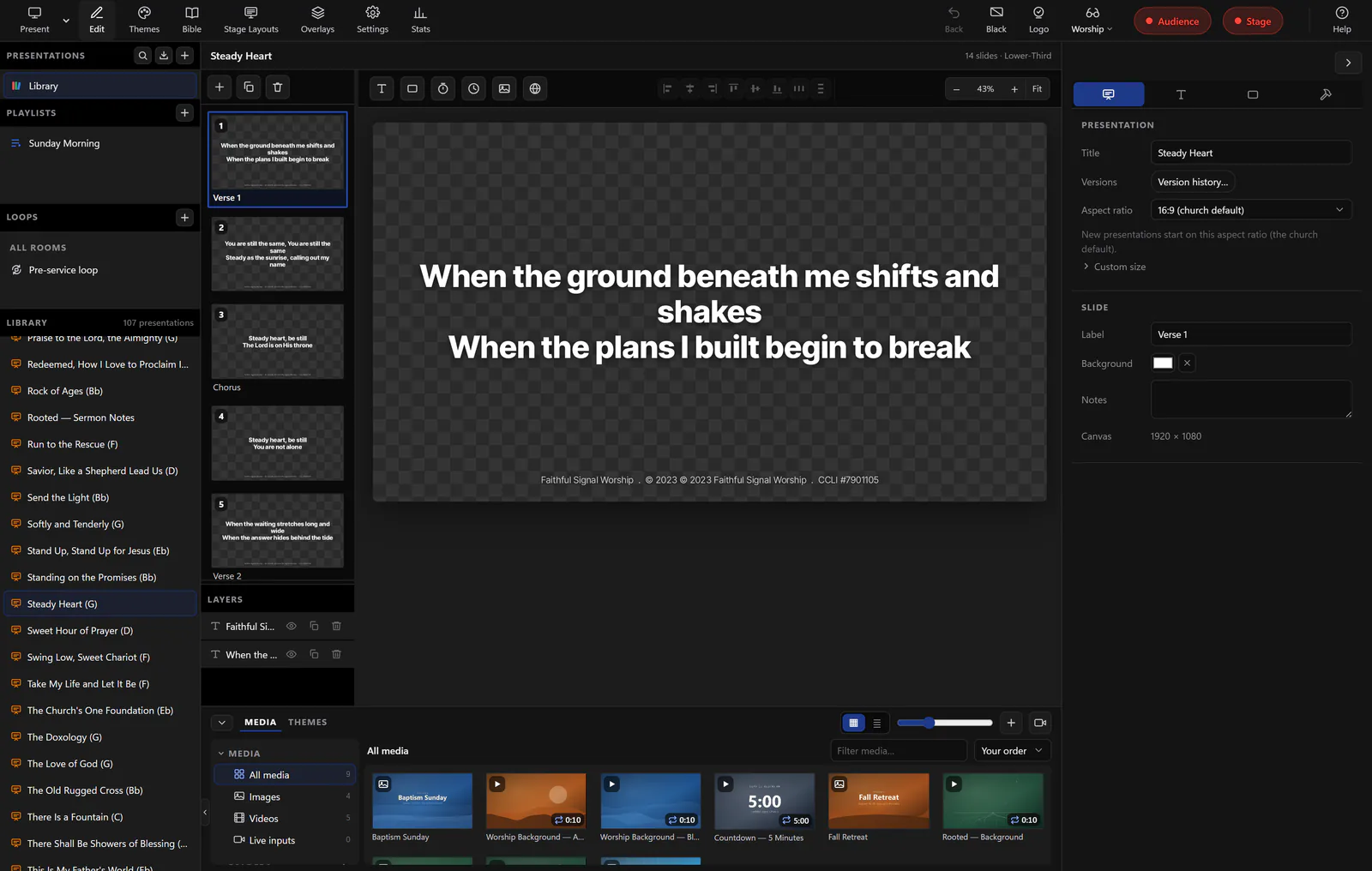 The Present slide editor in WorshipMetrics: a lyric slide on the canvas, the slide list and layers, and the media library