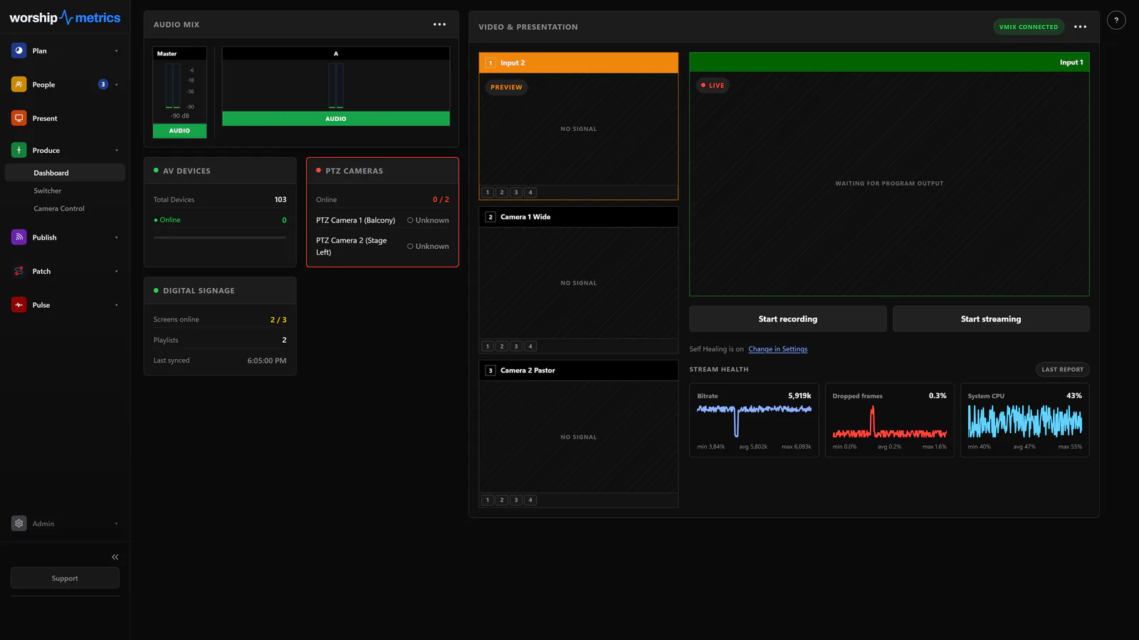 Production dashboard with audio mix, video, and stream health in WorshipMetrics