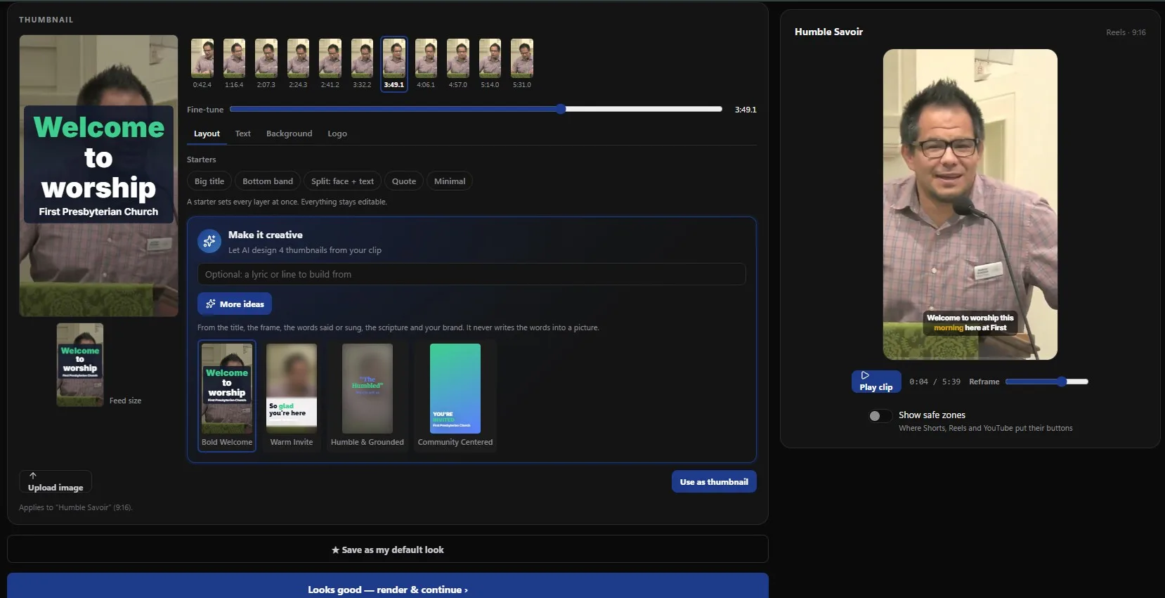 The Reels thumbnail editor: a Welcome to worship thumbnail, a strip of frames from the clip, layout starters, four AI thumbnail ideas, and the vertical clip preview with a Reframe slider