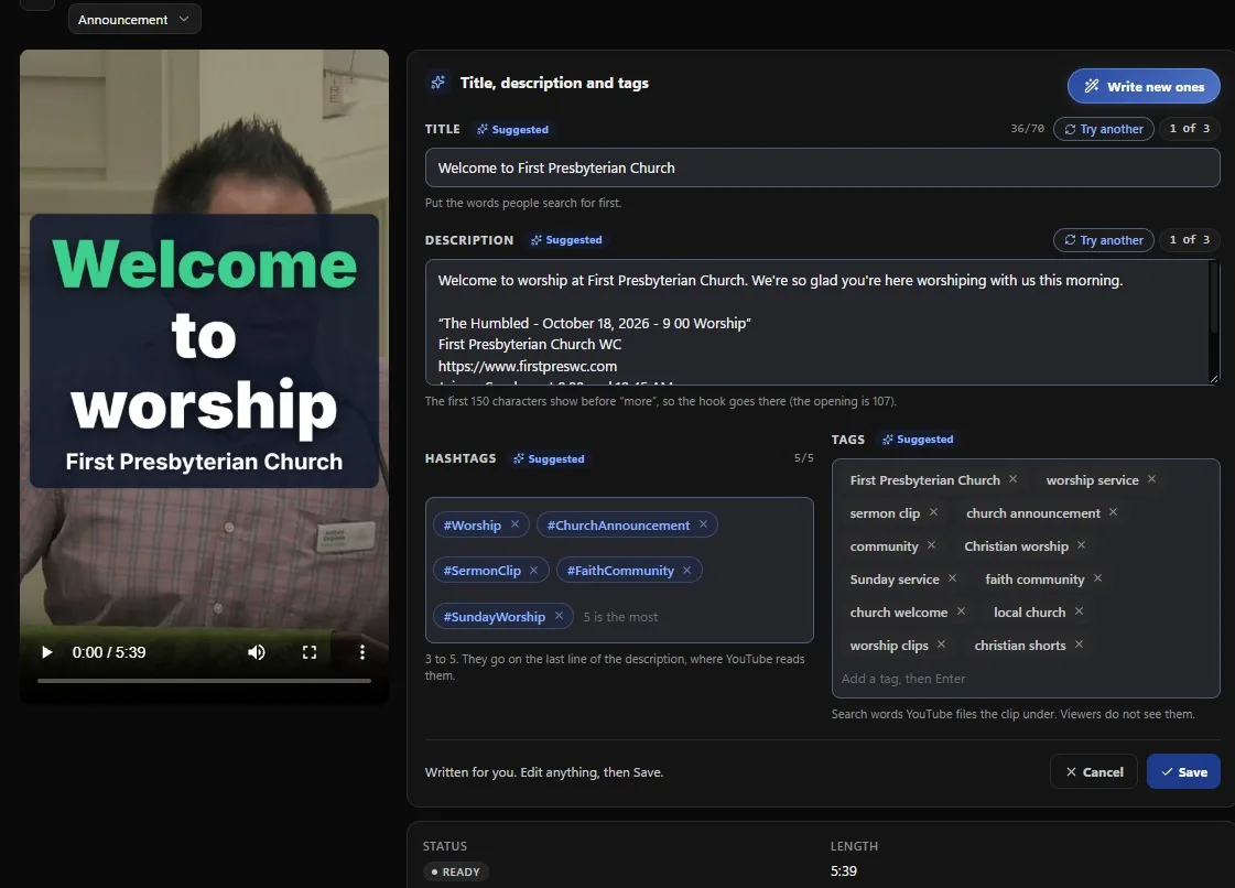 A WorshipMetrics Reels clip with a suggested title, description, five hashtags and YouTube tags written by AI, each ready to edit before saving