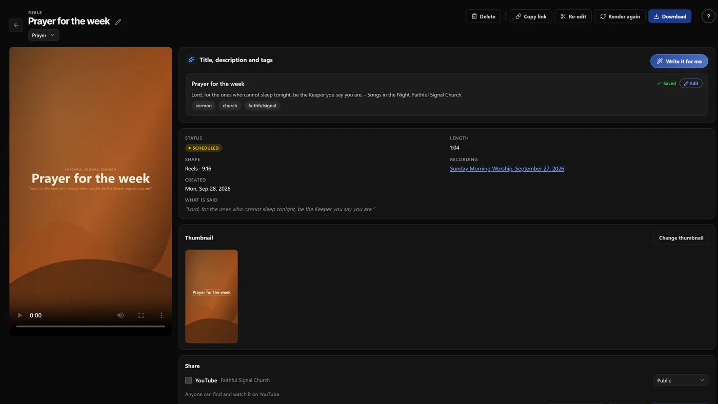 One clip in Reels: the vertical video, title, description, and tags, the line that was said, the thumbnail, and sharing