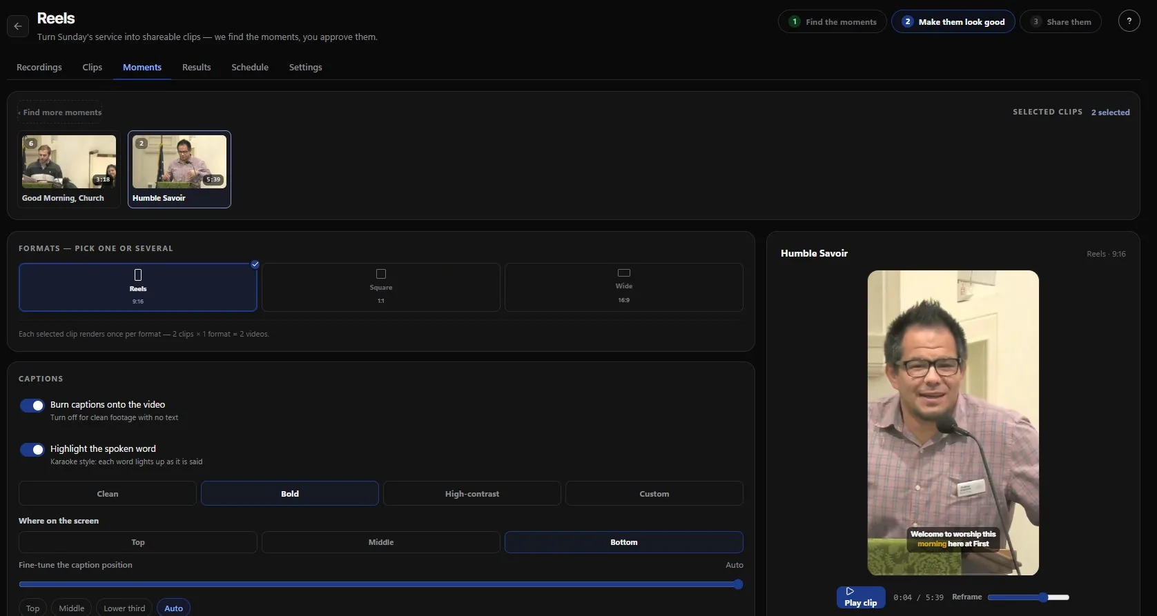 WorshipMetrics Reels, Make them look good step: two selected sermon clips, the Reels 9:16, Square 1:1 and Wide 16:9 formats, caption settings with burned-in captions and spoken-word highlighting, and a vertical preview of the pastor with captions