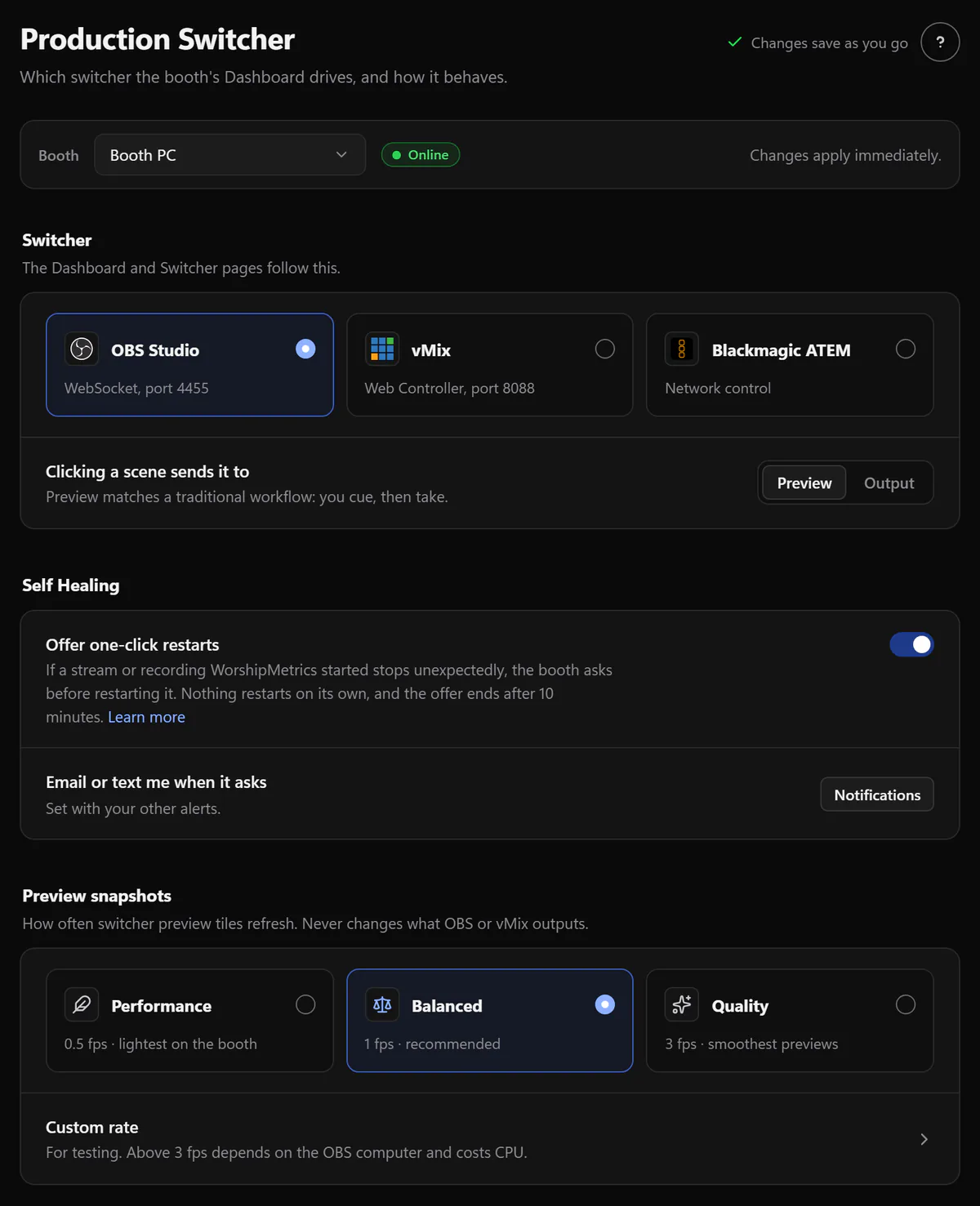 Choosing the booth's switcher in WorshipMetrics: OBS Studio, vMix, or Blackmagic ATEM, with Self Healing and preview snapshot settings