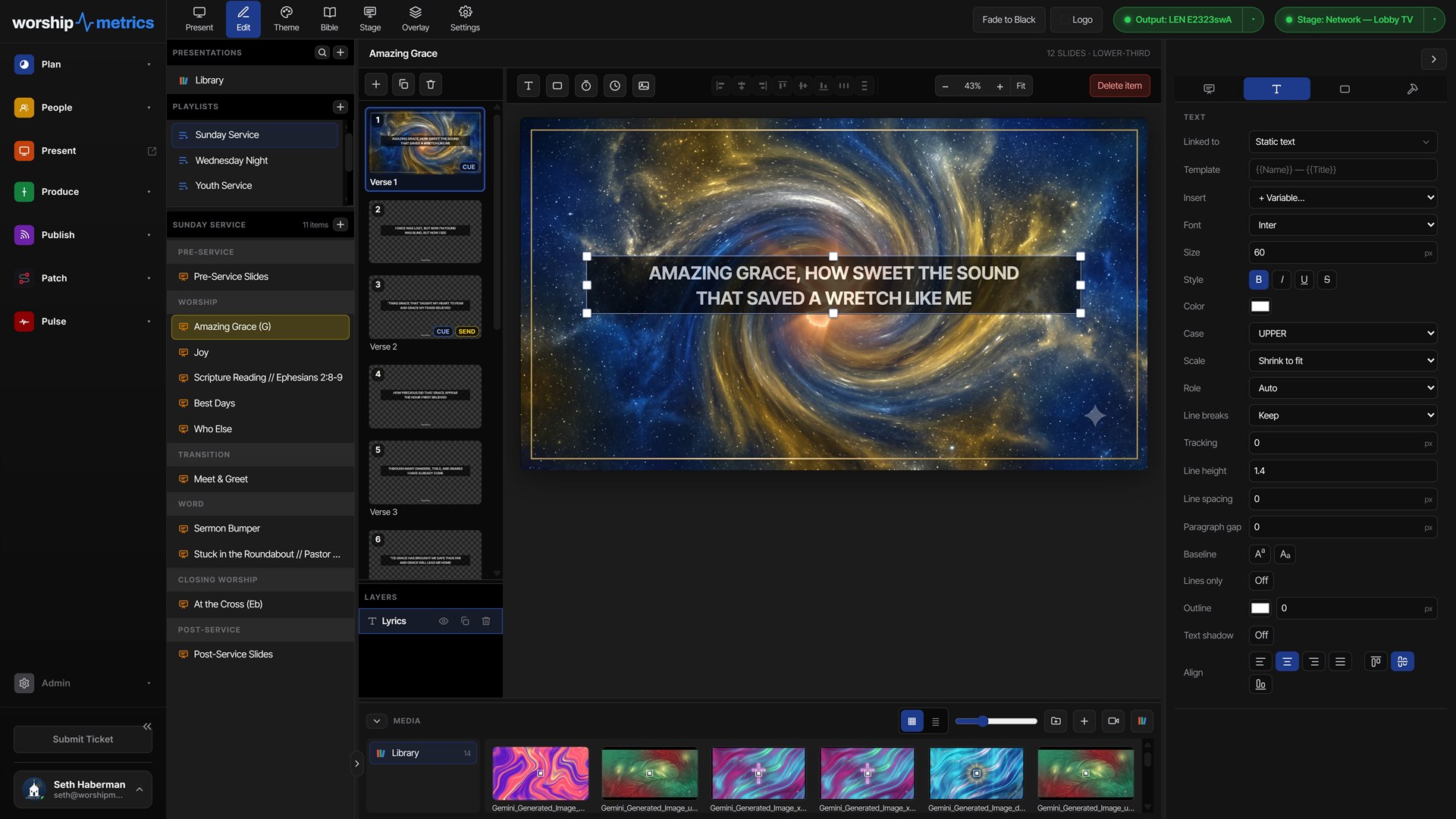 The WorshipMetrics slide editor open in a browser, editing an Amazing Grace lyric slide over a galaxy background with the full text properties panel and media library