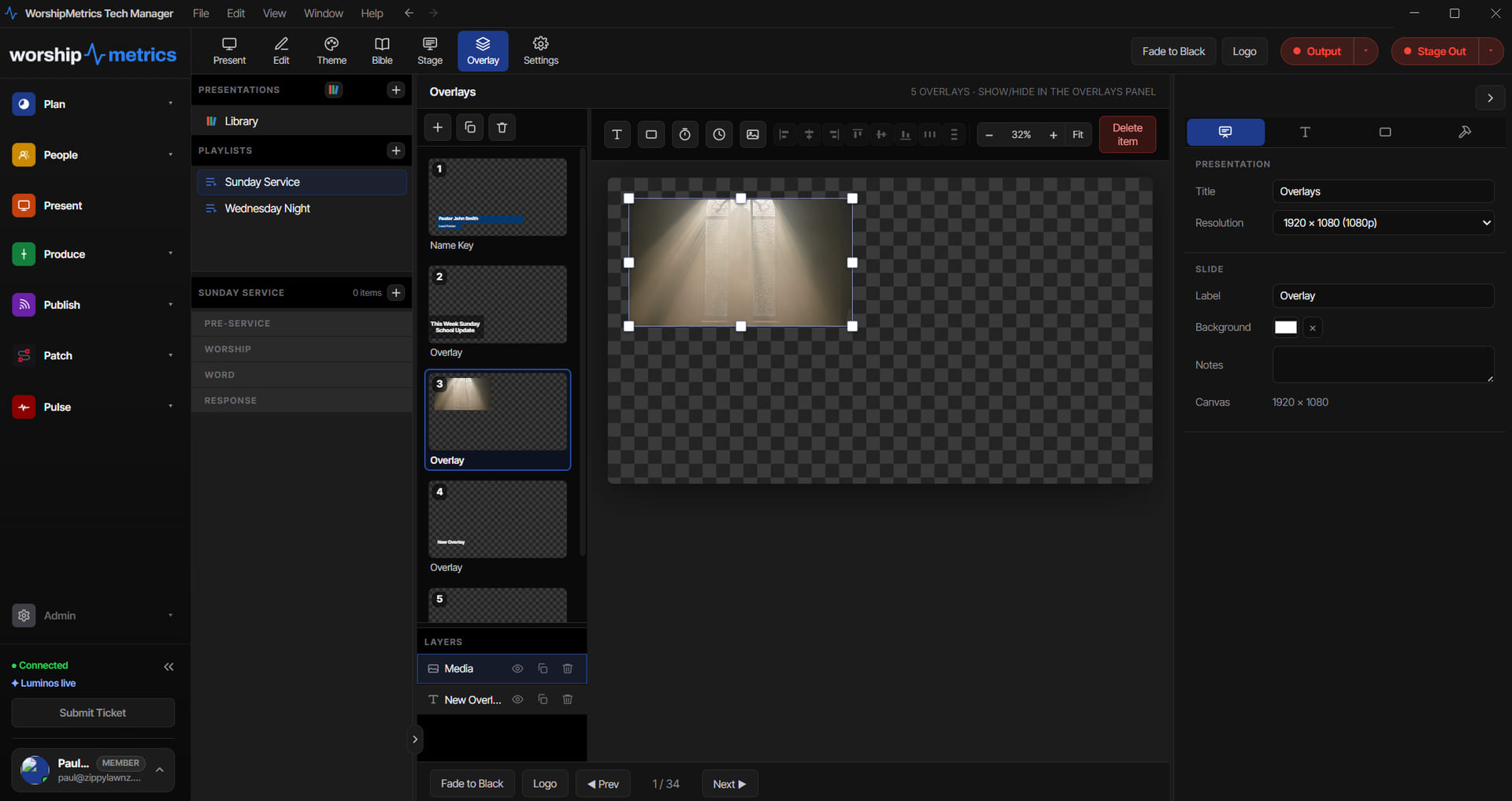 The WorshipMetrics overlay editor showing a transparent canvas with a media overlay selected and a list of saved overlays