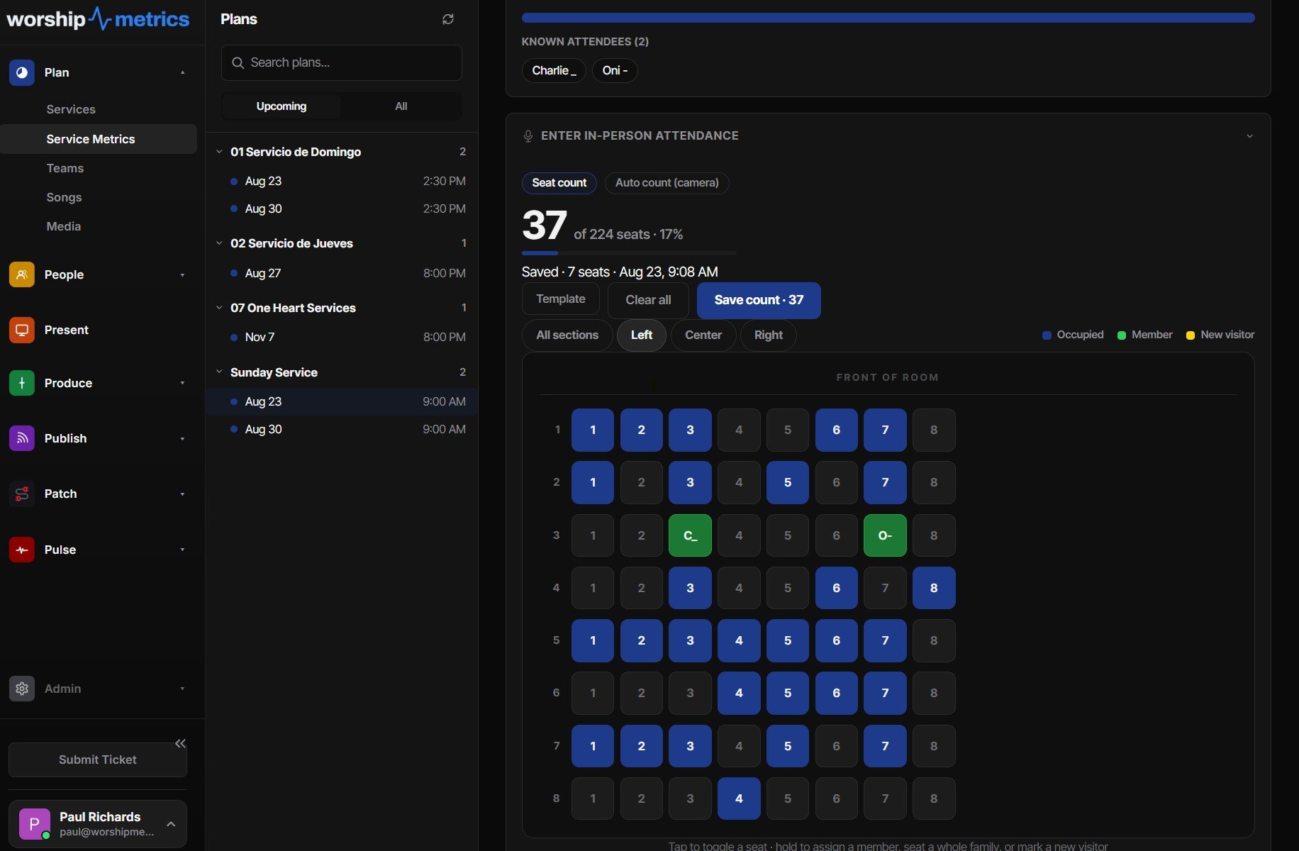 The seat-map attendance counter in WorshipMetrics — tap to toggle a seat, hold to assign a member, or mark a new visitor