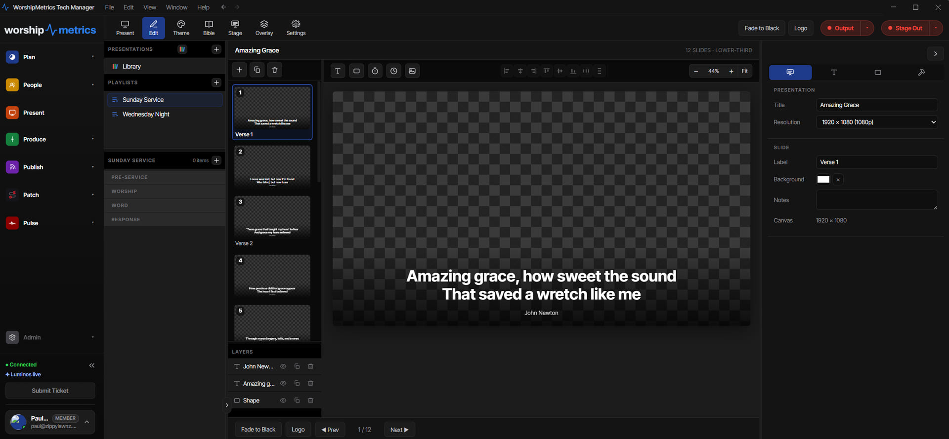 The WorshipMetrics slide editor with the Amazing Grace presentation open, showing the layers panel and a 1920x1080 canvas
