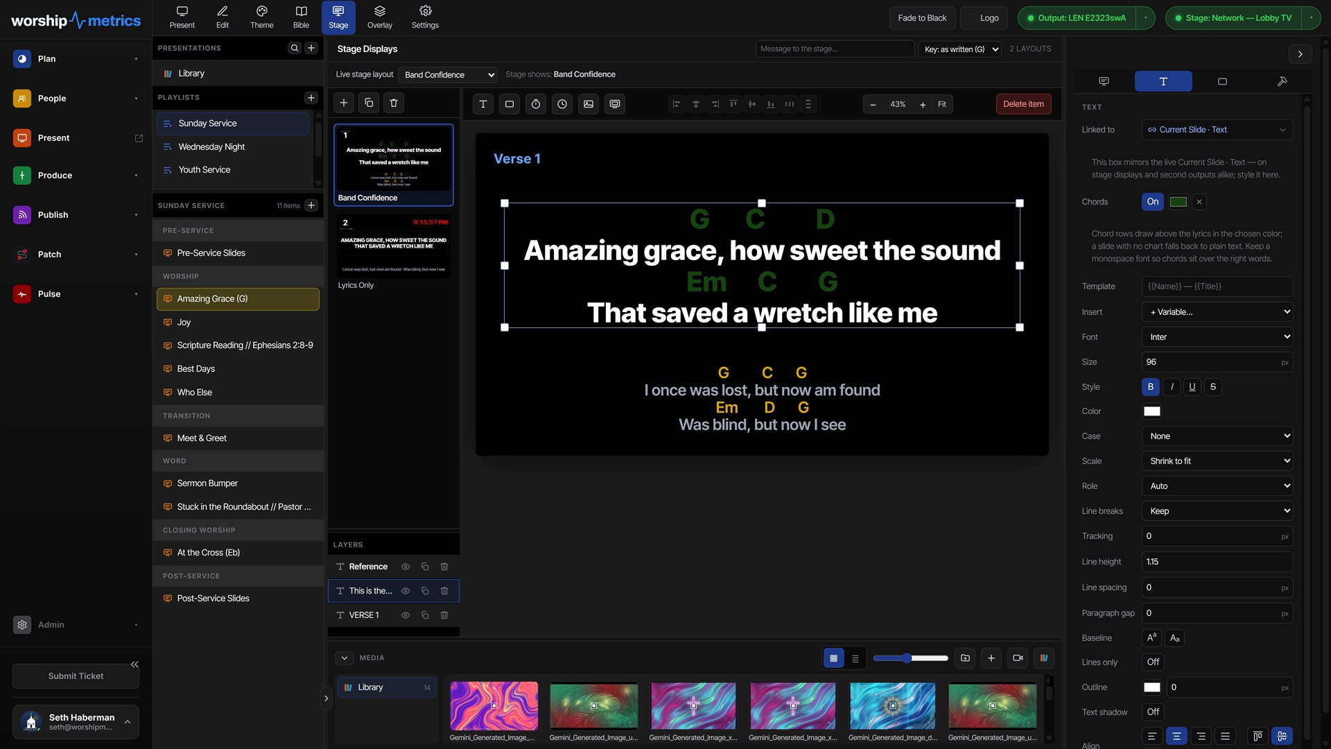 The WorshipMetrics stage display editor showing the Band Confidence layout with green chord rows above the lyrics of Amazing Grace, a chords toggle, and a key selector set to as written (G)