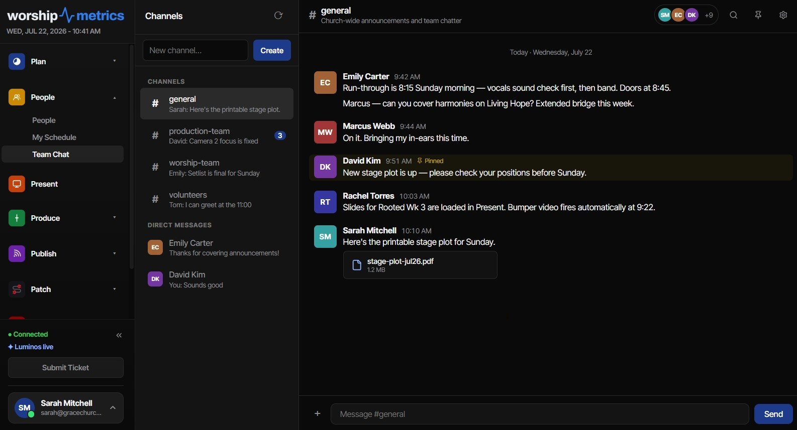 Church media team chat with channels, pinned notes, and shared files in WorshipMetrics WorshipMetrics Team Chat: channels for the production team, worship team, and volunteers, with messages about Sunday's run-through, a pinned note, and a shared stage plot PDF