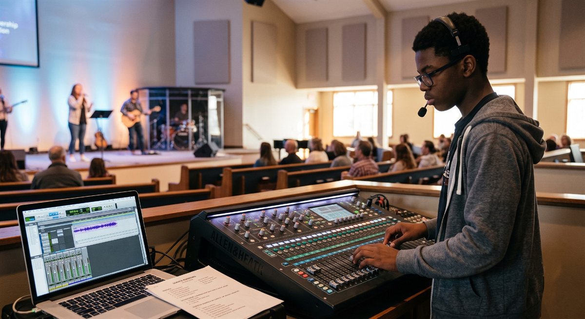 A volunteer audio engineer mixing a service with WorshipMetrics beside the console