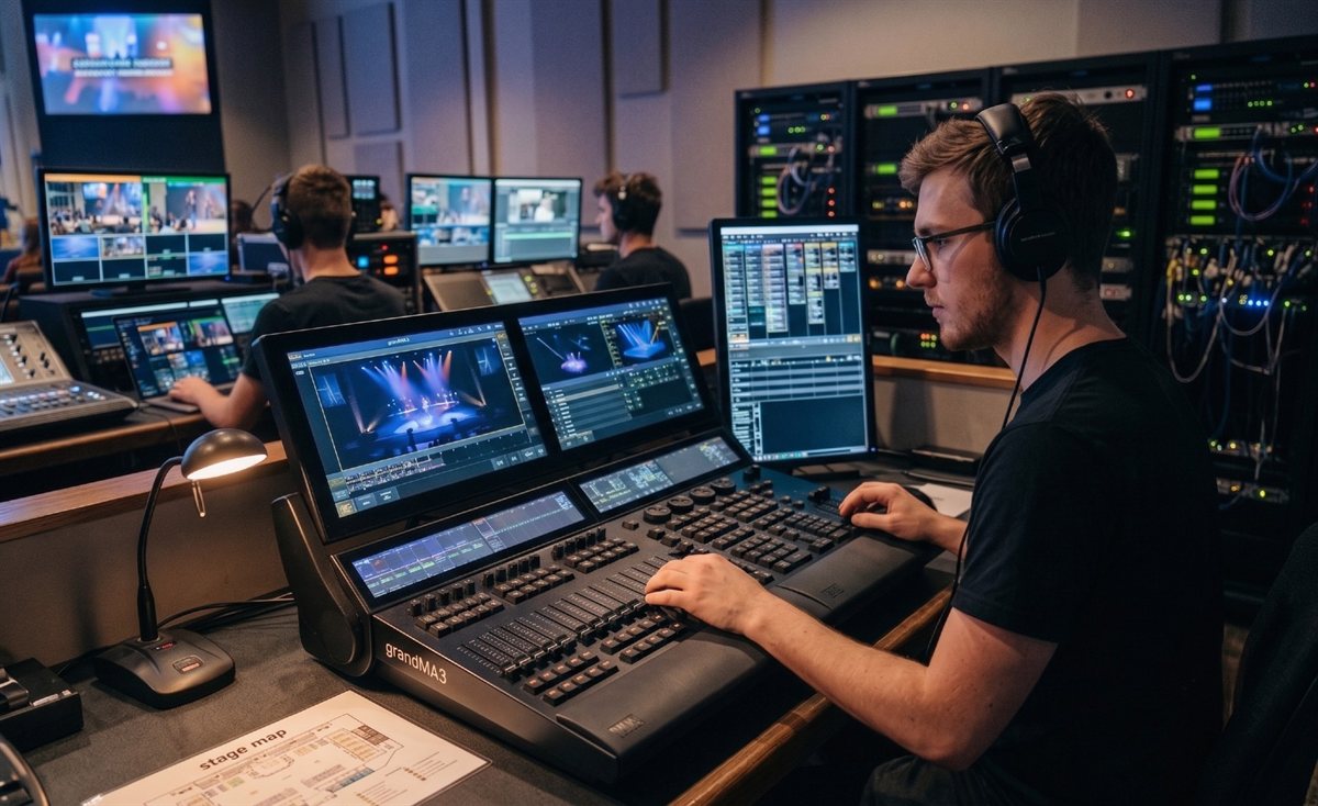 A volunteer lighting operator during a worship service
