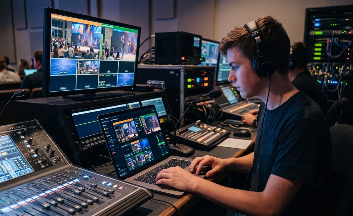 A volunteer managing the live stream in WorshipMetrics