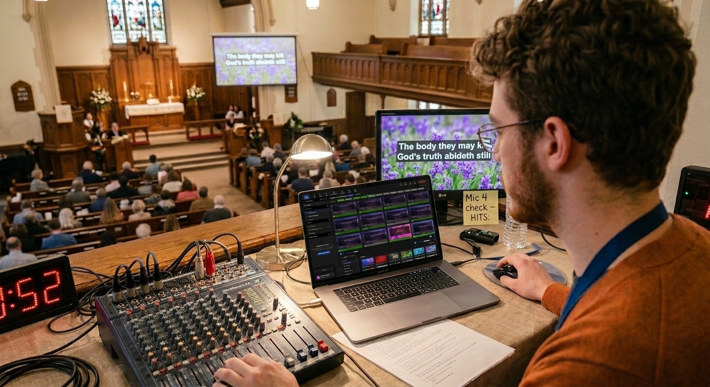 A volunteer in a church balcony runs the sound board, slides and livestream from a laptop during a Sunday service