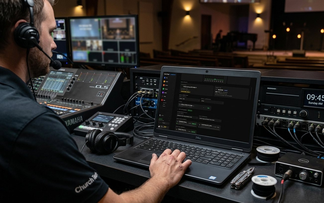 A church tech volunteer at the booth on a Sunday morning, checking a machine's Pulse page on one laptop beside the audio console