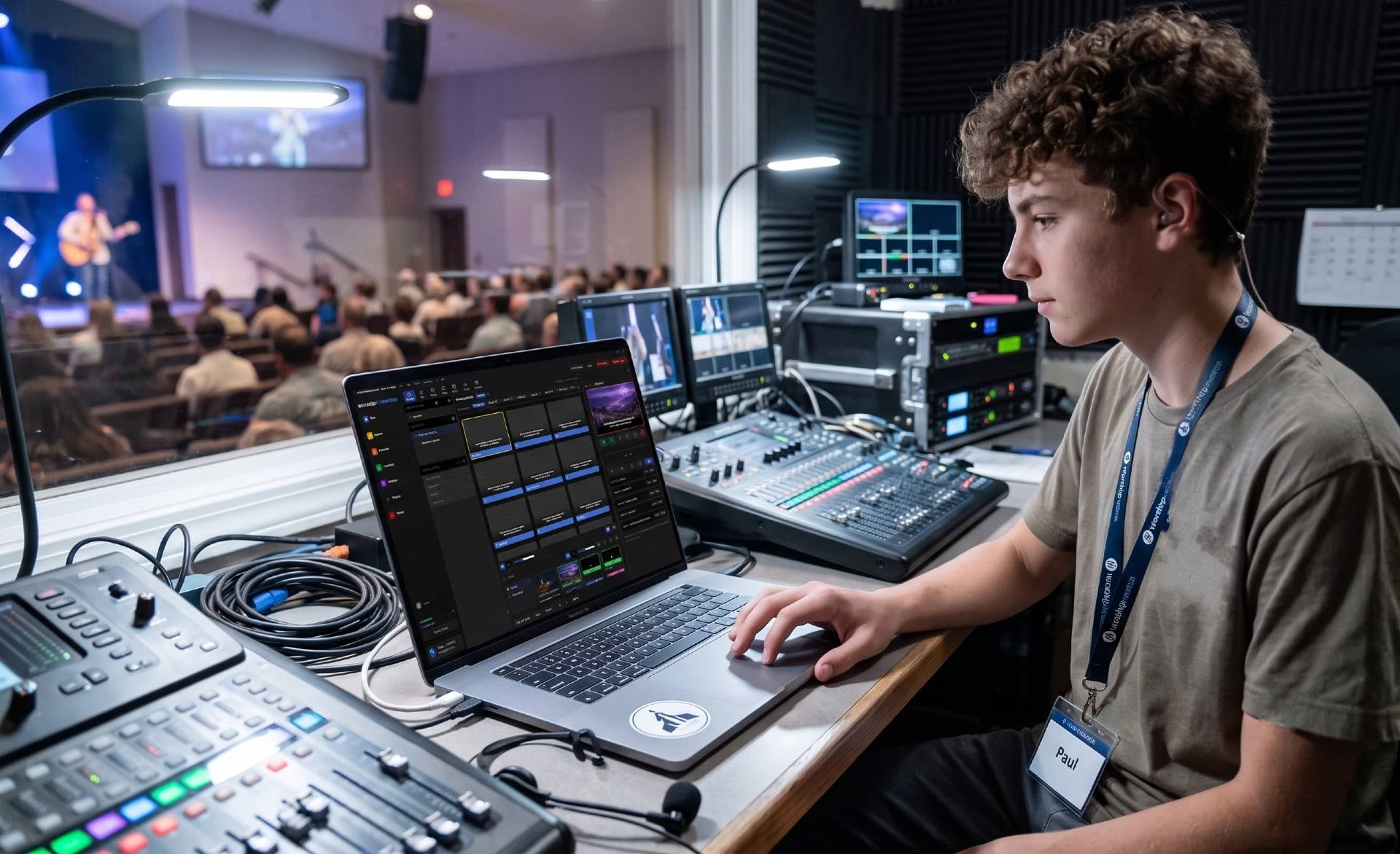 A young volunteer running lyrics in WorshipMetrics from the booth, overlooking the congregation