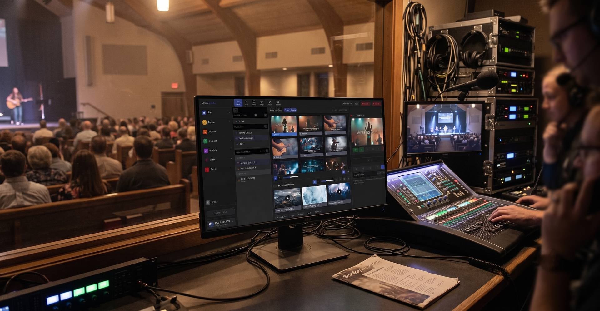 Volunteer running lyrics and slides during a church service