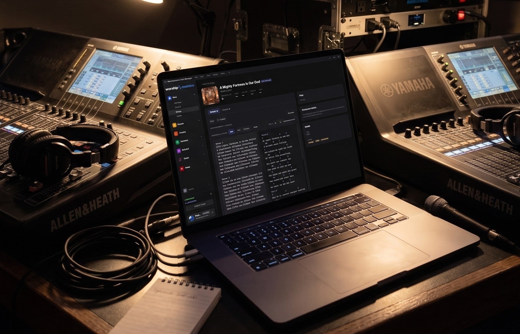 A chord chart open on a laptop between two consoles in the booth