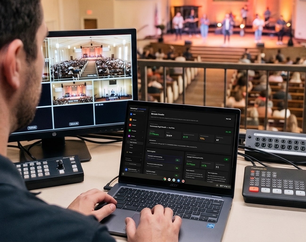 Church tech director watching stream health during a service