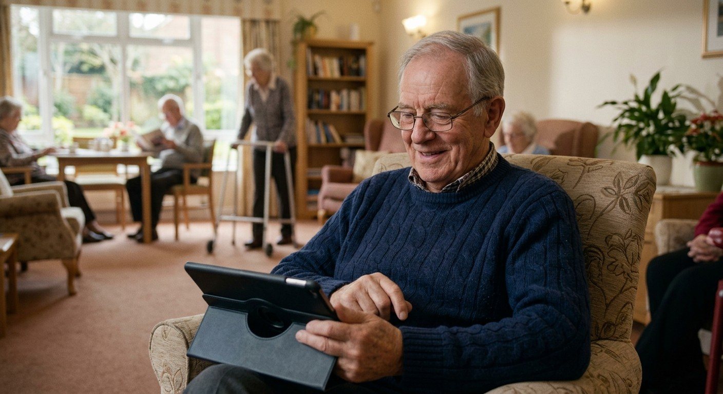 A lifelong church member worshiping through the Sunday live stream on a tablet from his armchair