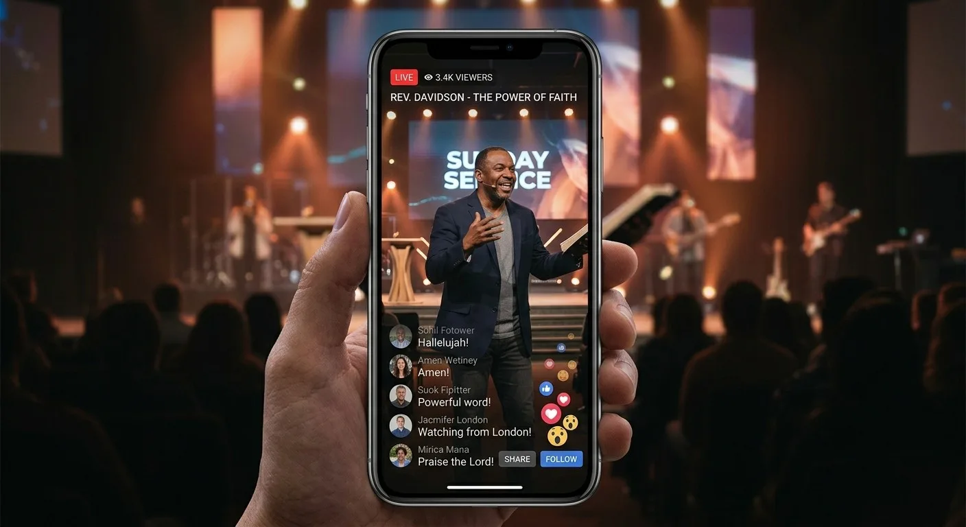A hand holding a phone that plays the pastor's sermon in a vertical video during a Sunday service, with people commenting and reacting
