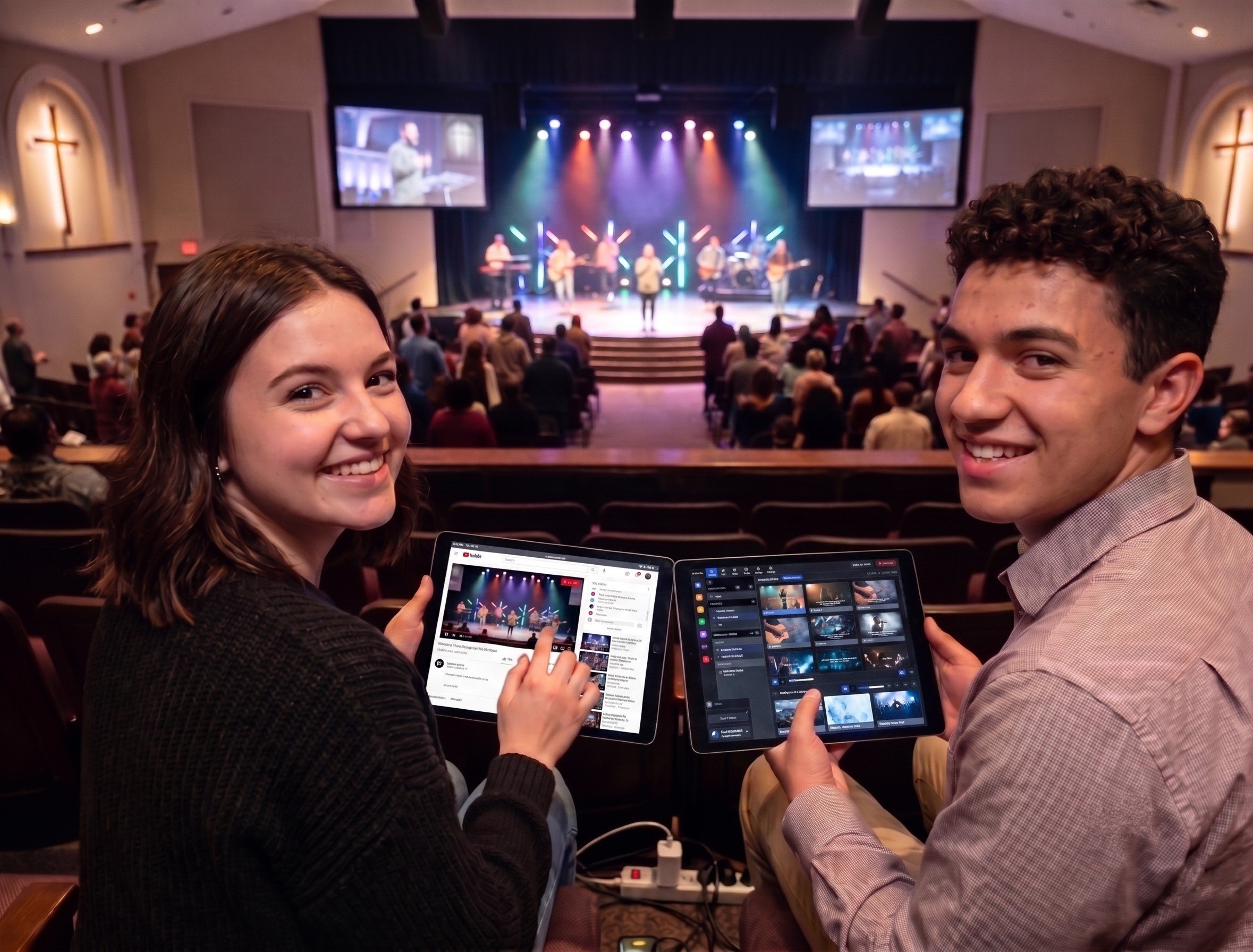 Two young volunteers running the service from tablets — the live stream on one, WorshipMetrics on the other — with the congregation worshiping beyond
