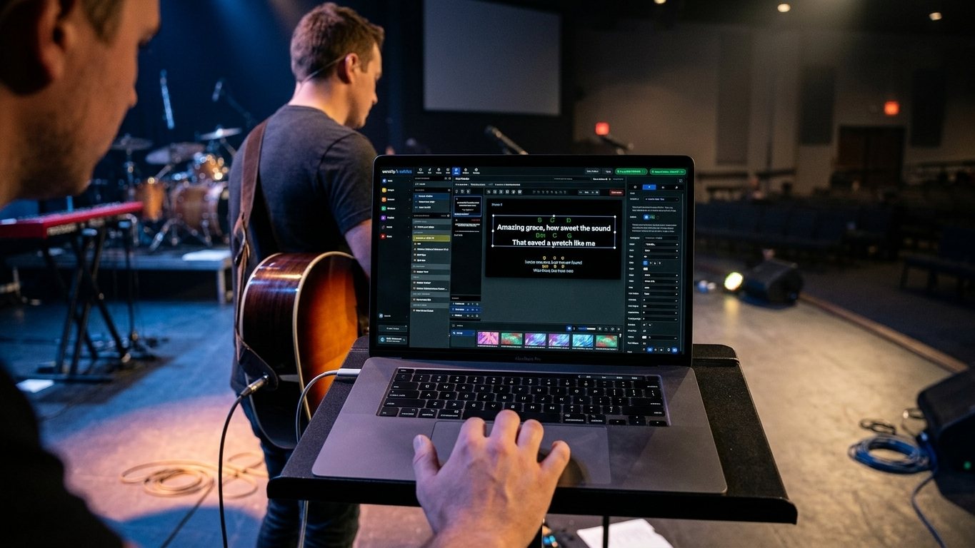 A worship leader editing chord chart slides in WorshipMetrics from the stage at rehearsal