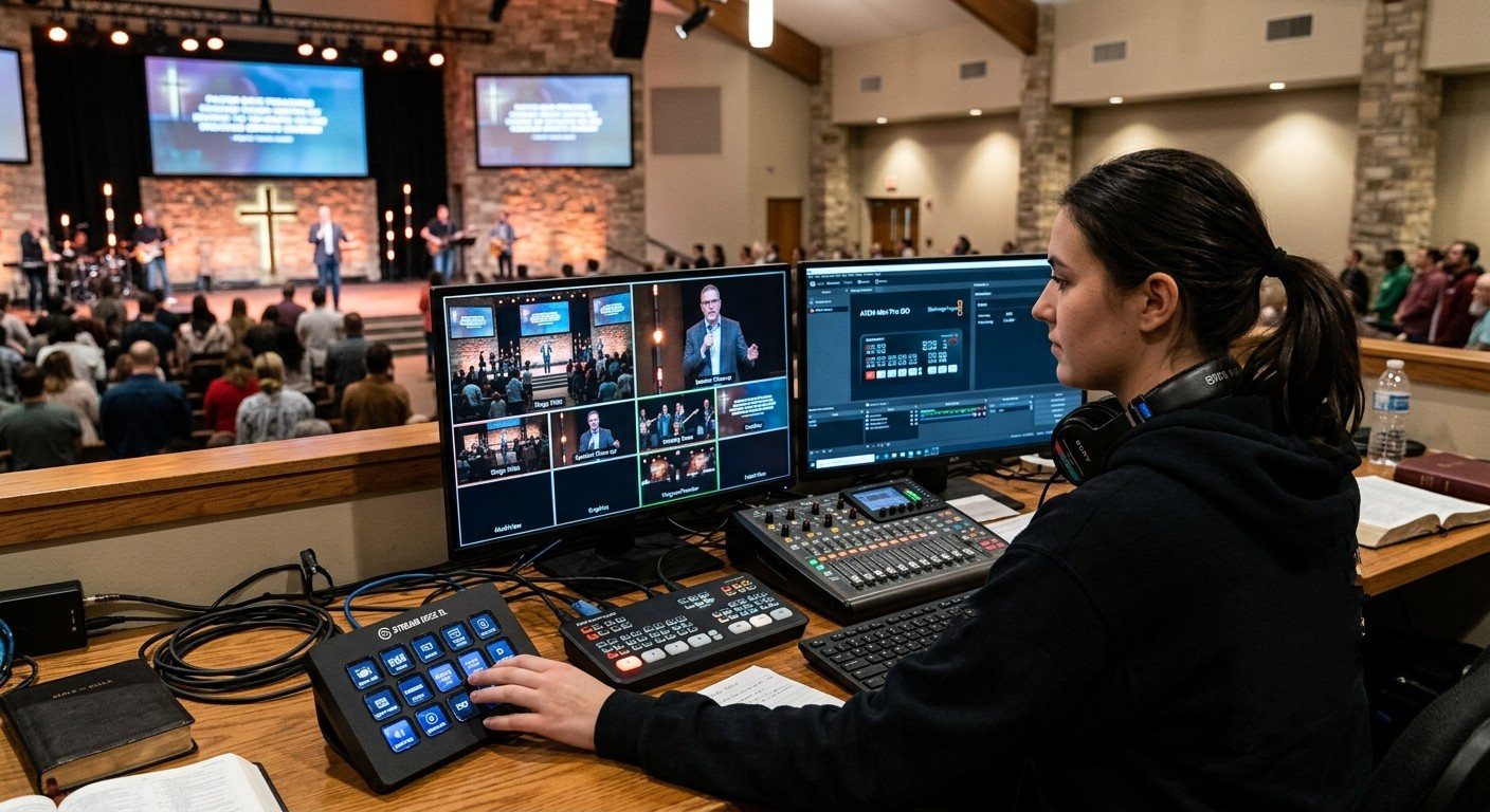A church volunteer at a booth desk with an ATEM Mini, a Stream Deck XL, a sound board and a multiview monitor
