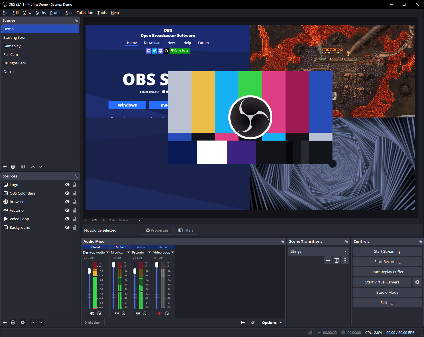 OBS Studio — un componente central de cualquier presupuesto de AV de iglesia, desde el software de streaming hasta el hardware conectado Interfaz de streaming de OBS Studio representando un sistema completo de producción de AV de iglesia