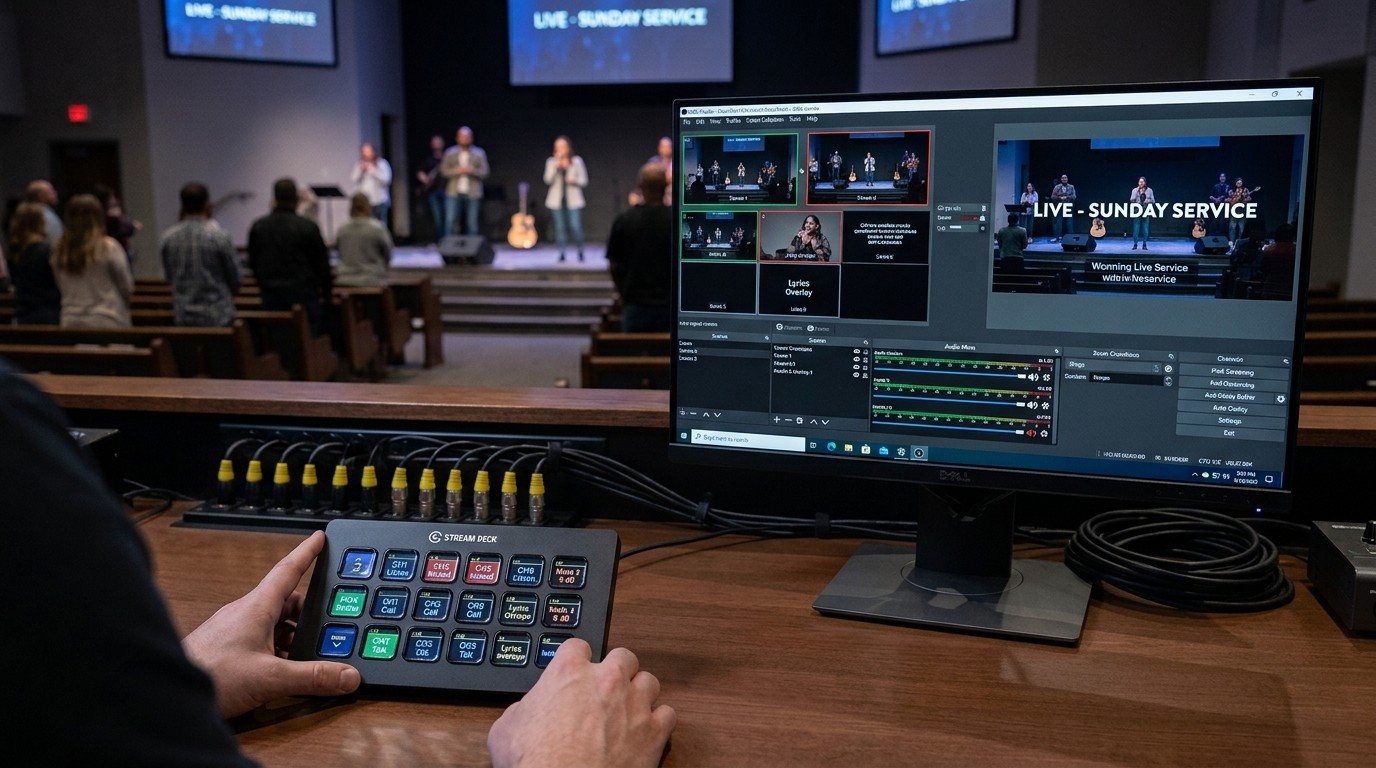 A volunteer's hands on a Stream Deck with plain-word buttons beside an OBS monitor during a church service