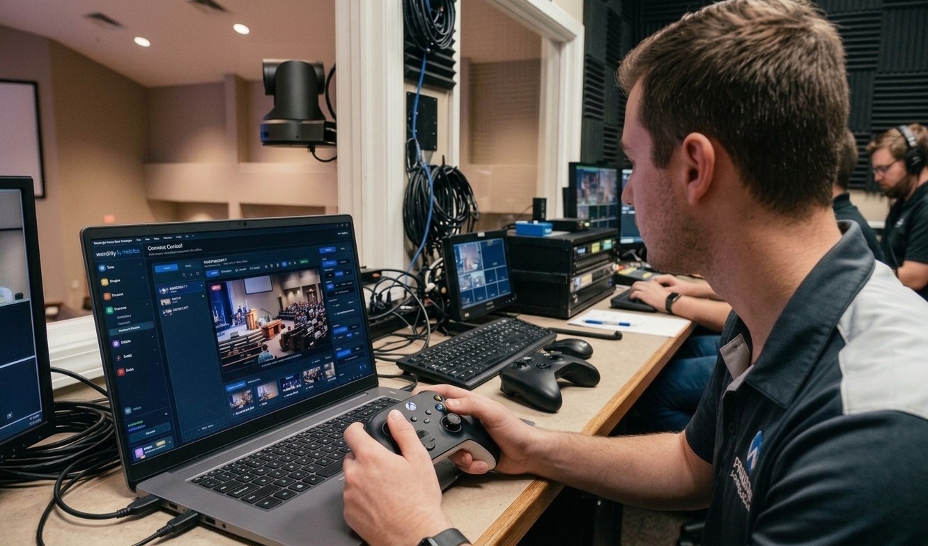 A church AV volunteer panning a PTZ camera with a game controller in one hand while the WorshipMetrics Camera Control panel runs on the laptop beside him