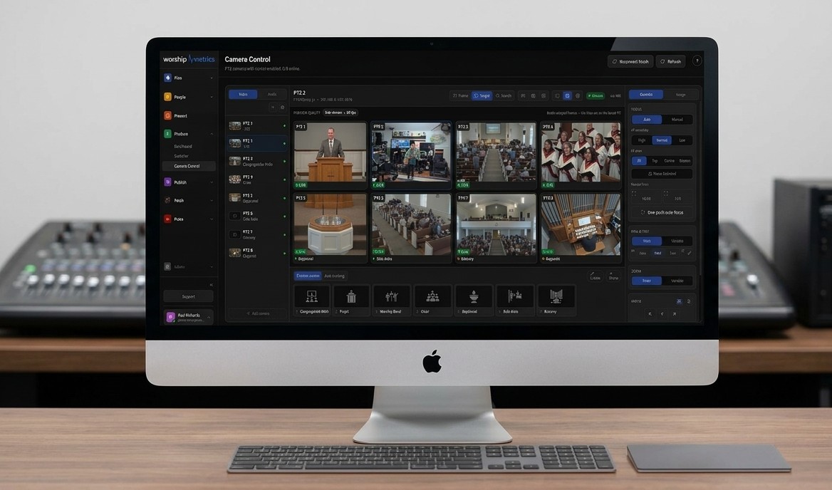 WorshipMetrics Camera Control open in a browser on an iMac at the church, with eight PTZ camera tiles, the camera list and picture presets on screen beside the audio mixers