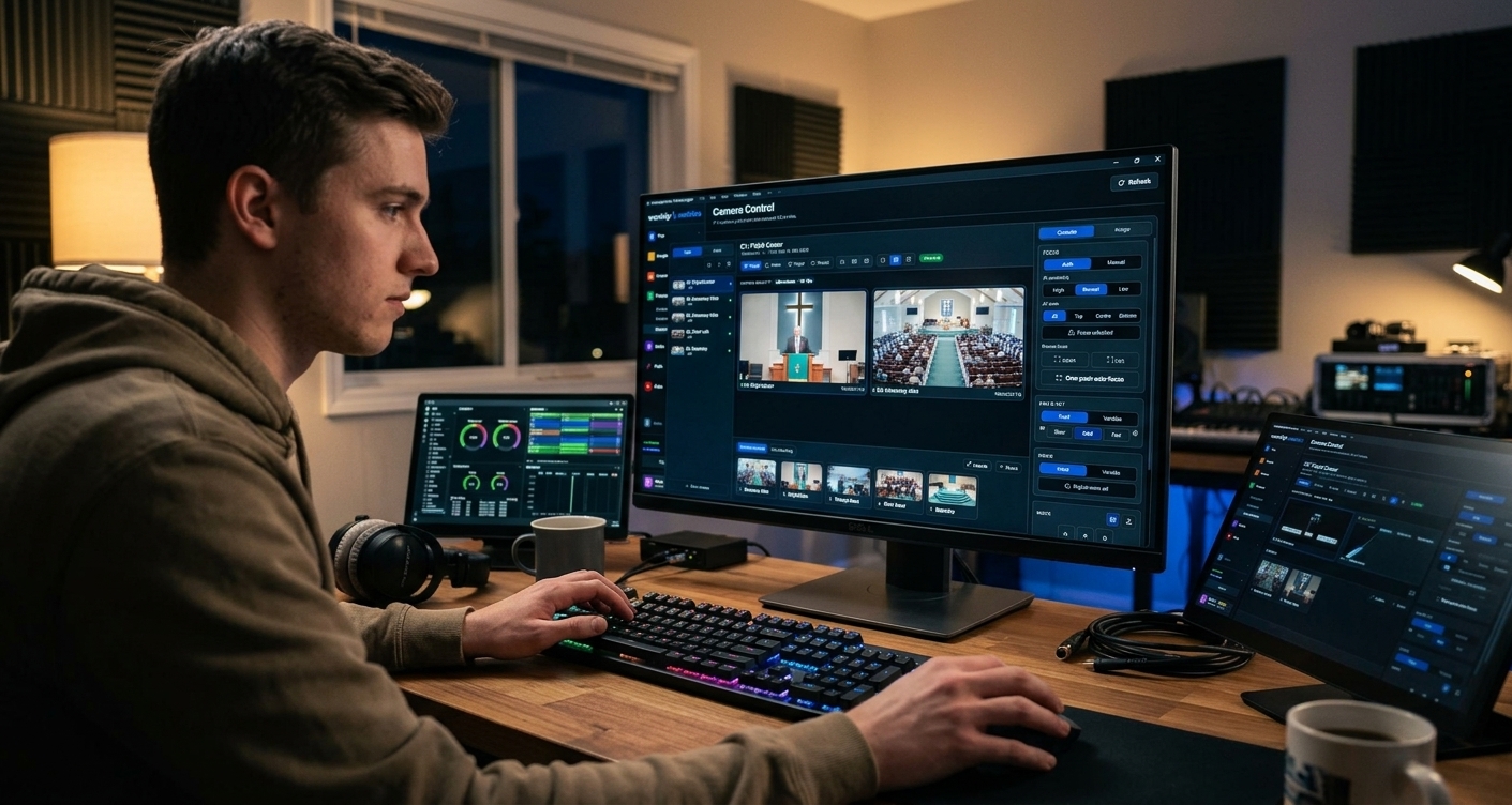 A church volunteer driving the sanctuary PTZ cameras from a home desk at night, with the WorshipMetrics Camera Control panel and live camera previews on screen