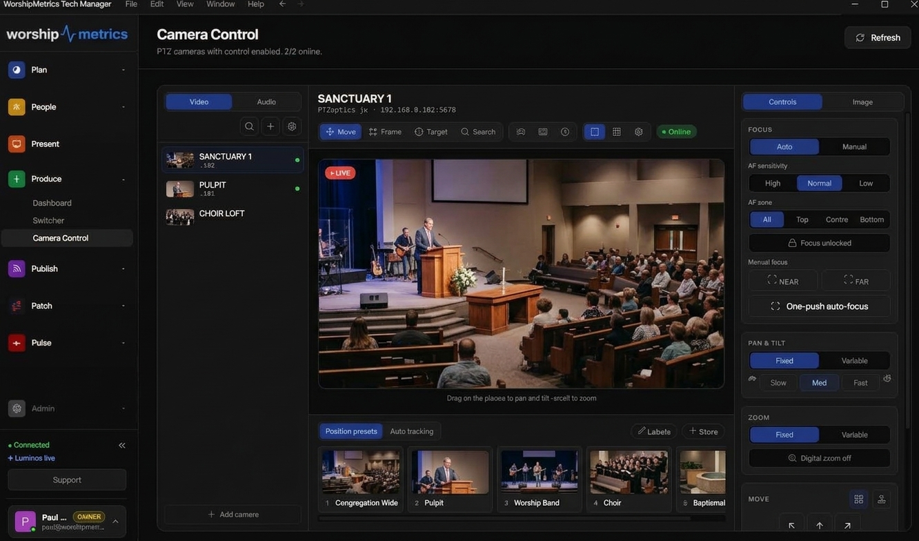 WorshipMetrics Camera Control driving a sanctuary PTZ camera: live preview with a LIVE badge, Move, Frame, Target and Search tools, focus controls, and named picture presets