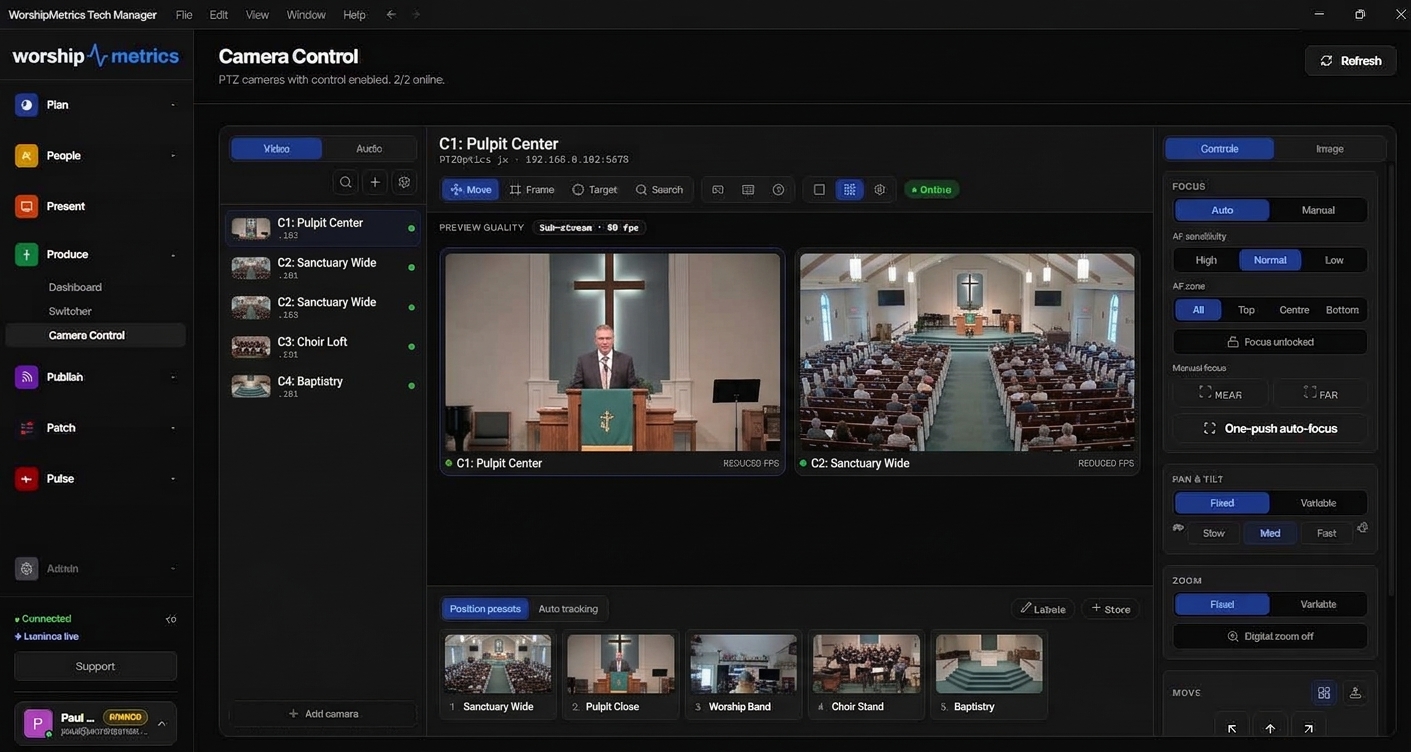 The WorshipMetrics Camera Control grid view showing two church PTZ cameras live side by side with named picture presets for Sanctuary Wide, Pulpit Close, Worship Band, Choir Stand and Baptistry
