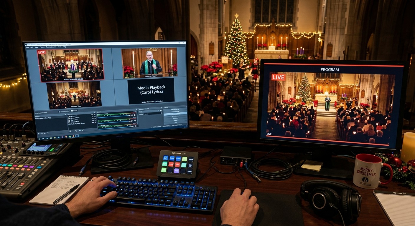 Church livestream booth on Christmas Eve running OBS with carol lyrics cued, candlelit sanctuary and Christmas tree behind the program monitor