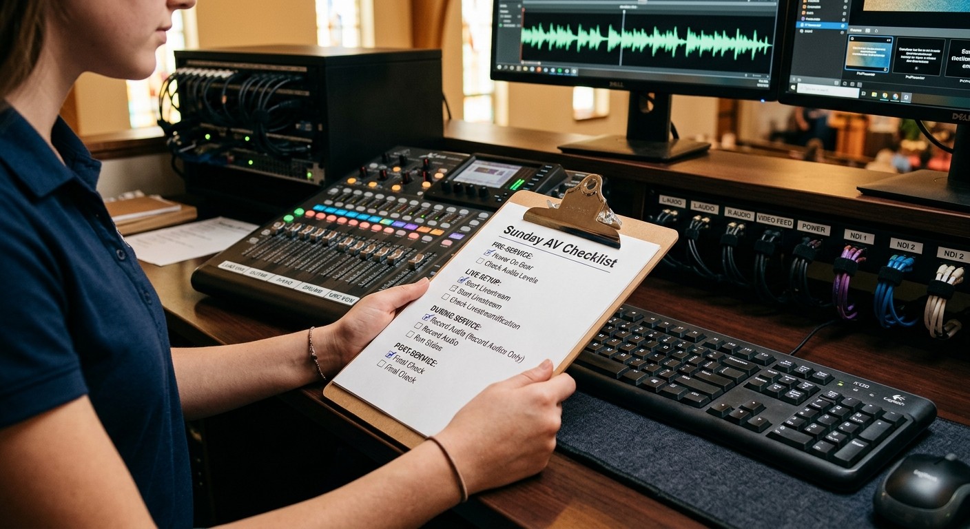 Church volunteer holding a Sunday AV checklist clipboard beside a digital mixer and labeled cable patch panel