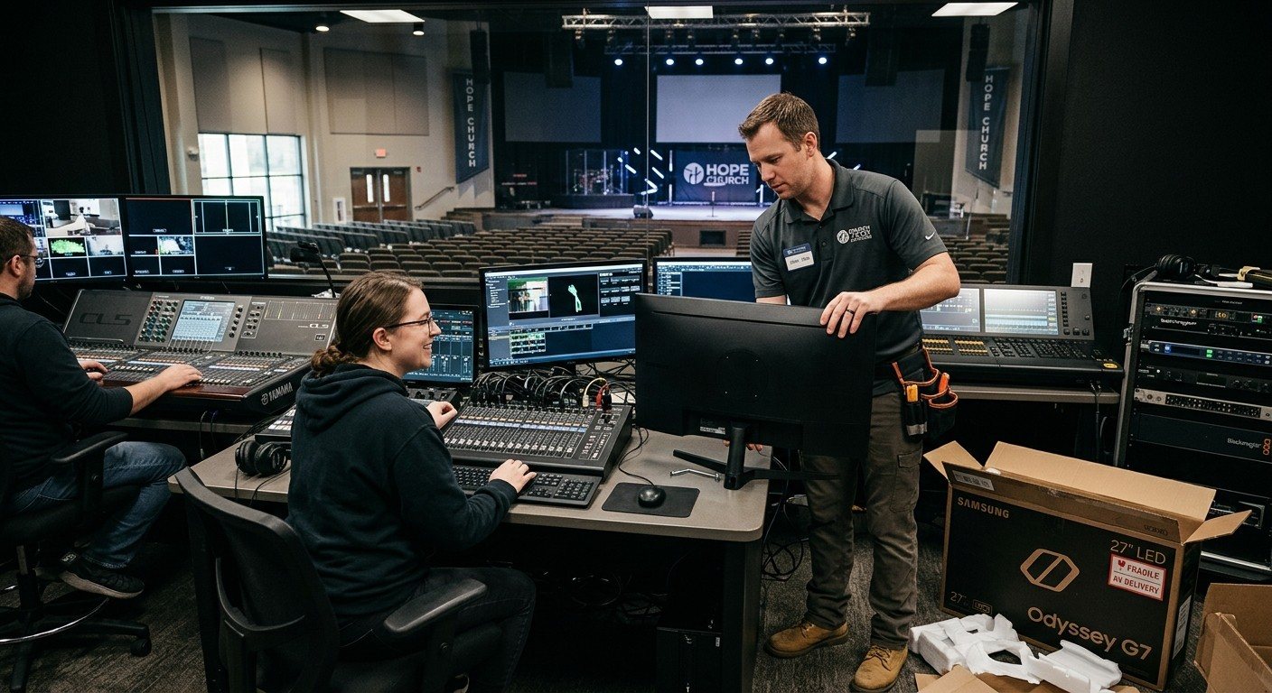 An AV integrator setting up a new monitor in a church production booth while volunteers work at the consoles