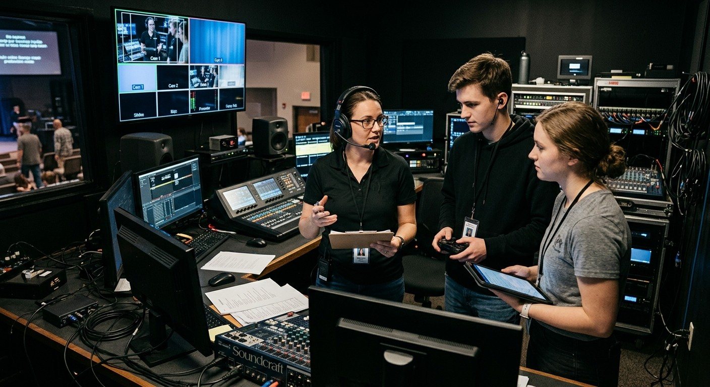 A church livestream team in the booth: a director with a headset and clipboard briefing a camera volunteer with a controller and a slides volunteer with a tablet