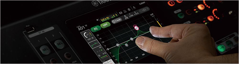 Yamaha TF series touchscreen mixer interface showing channel and monitor controls layout