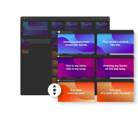 EasyWorship 7 Interface — build your complete church service schedule in one window EasyWorship main interface showing the schedule panel with worship slides organized for a church service