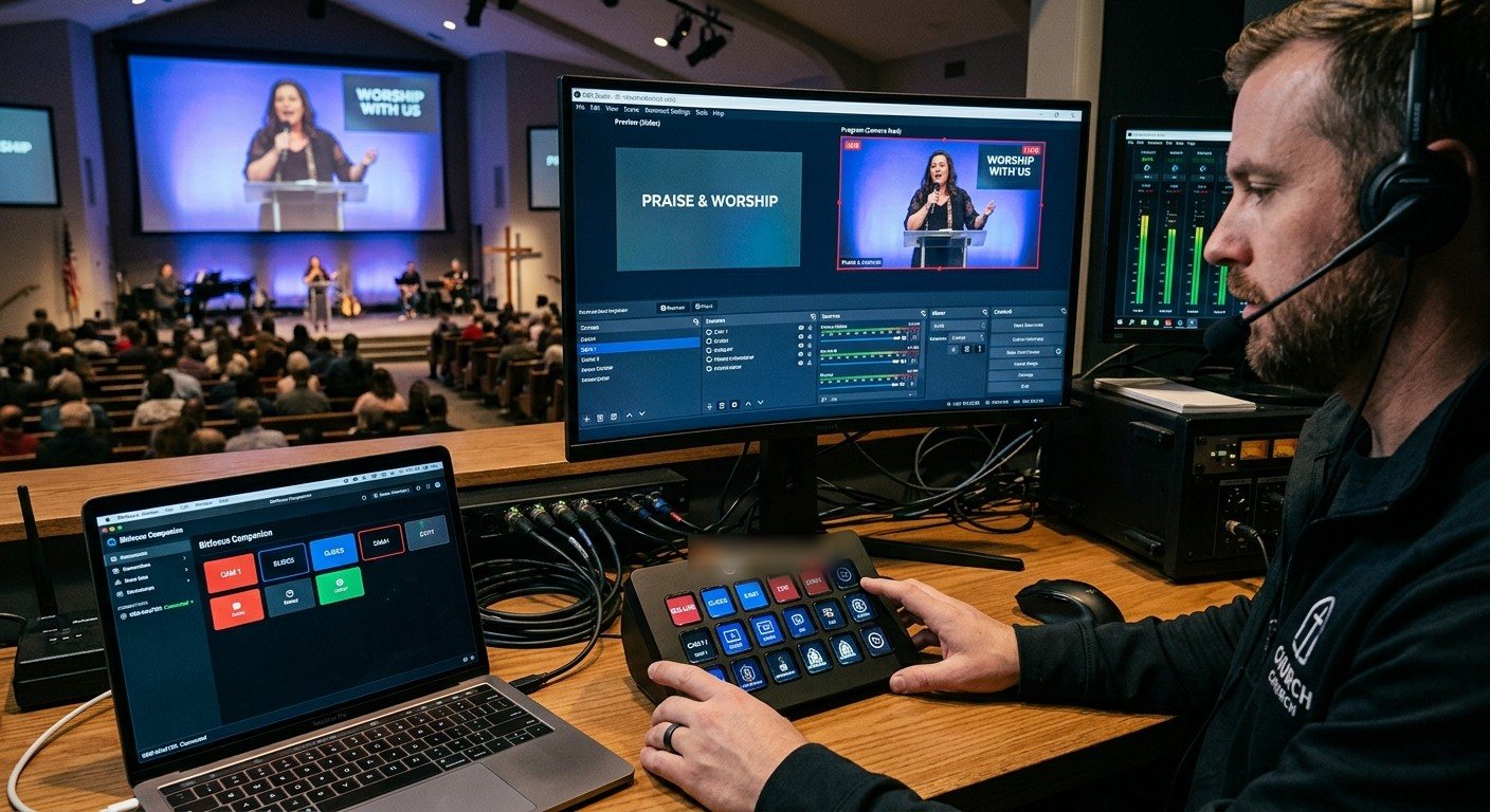 A church booth with OBS on a monitor, Bitfocus Companion on a laptop, and a Stream Deck under a volunteer's hand