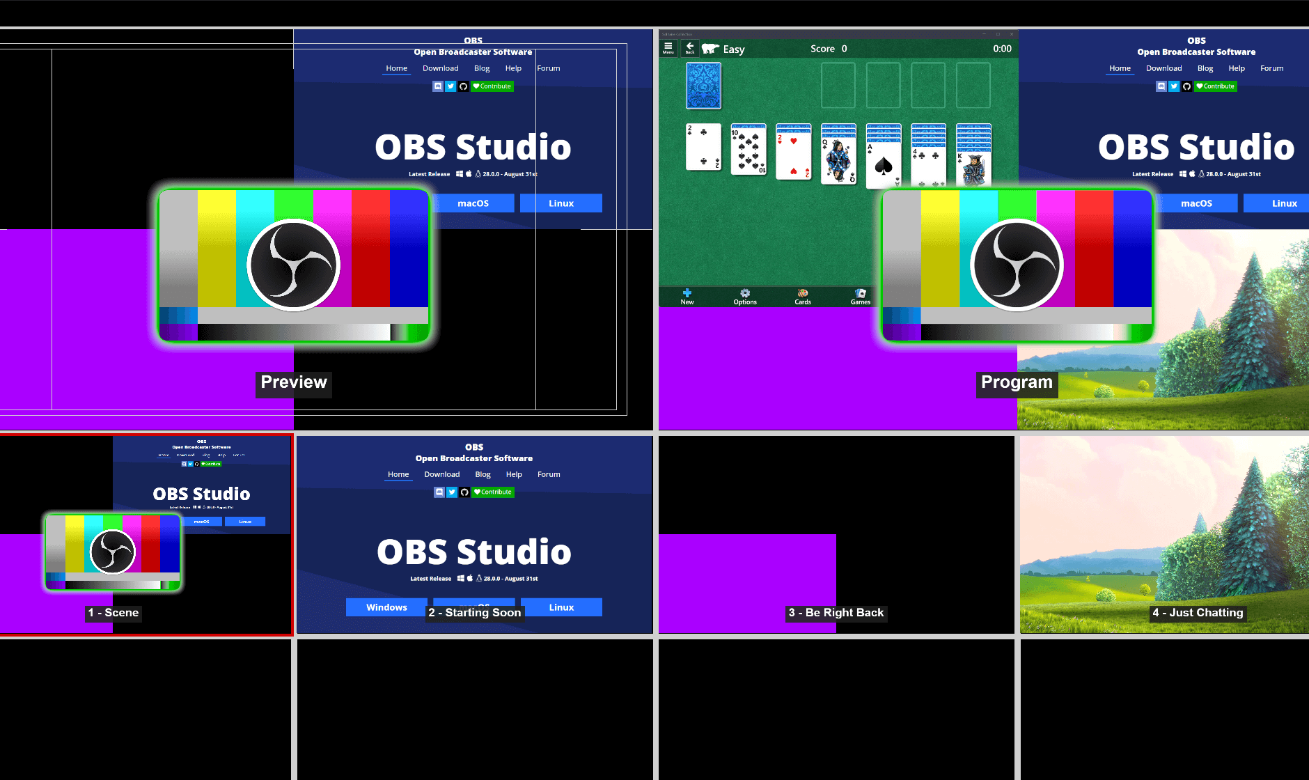 Multiview de OBS Studio mostrando vistas previas de múltiples escenas para monitorear un stream en vivo de iglesia