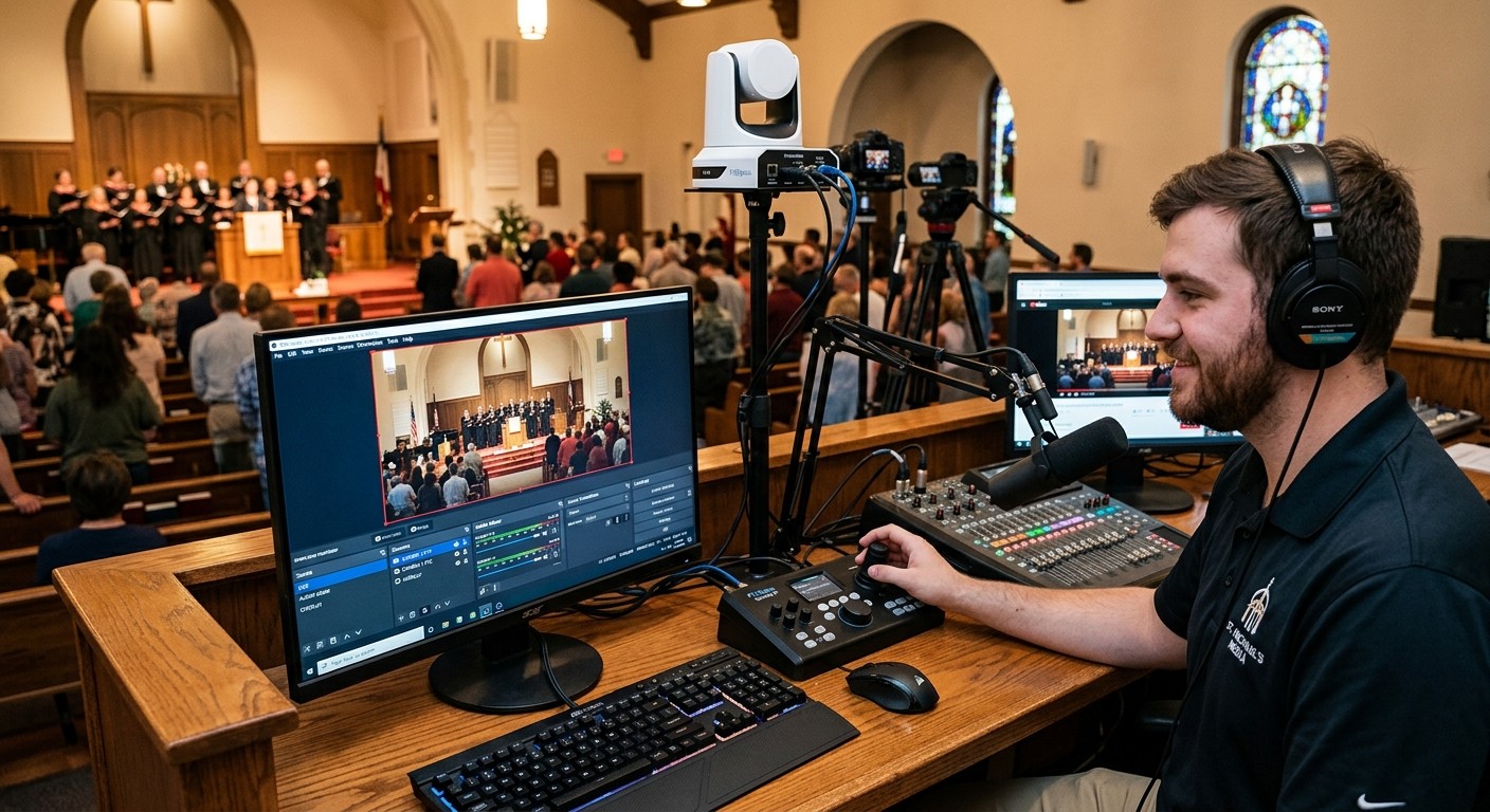 Church volunteer running OBS at the booth with a PTZ camera and audio mixer while the choir leads worship
