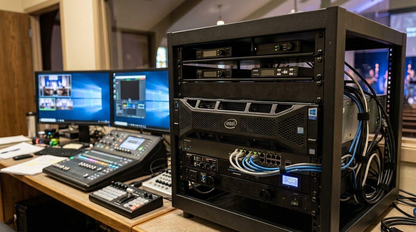 A WorshipMetrics livestream system in a rack beside the church booth's mixer, monitors and camera controller