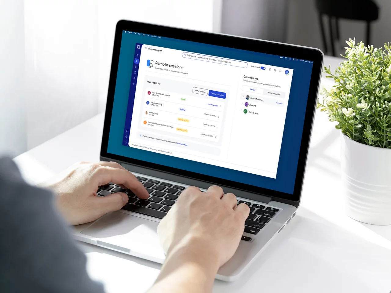 Soporte remoto TeamViewer — accede a las computadoras de producción de la iglesia desde cualquier lugar para resolver problemas en tiempo real Interfaz de escritorio remoto de TeamViewer usada para el soporte y la resolución de problemas de sistemas de AV de iglesia