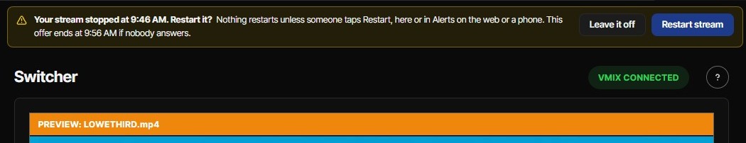 WorshipMetrics Tech Manager with vMix connected, showing the Self Healing banner: Your stream stopped at 9:46 AM. Restart it? with Leave it off and Restart stream buttons