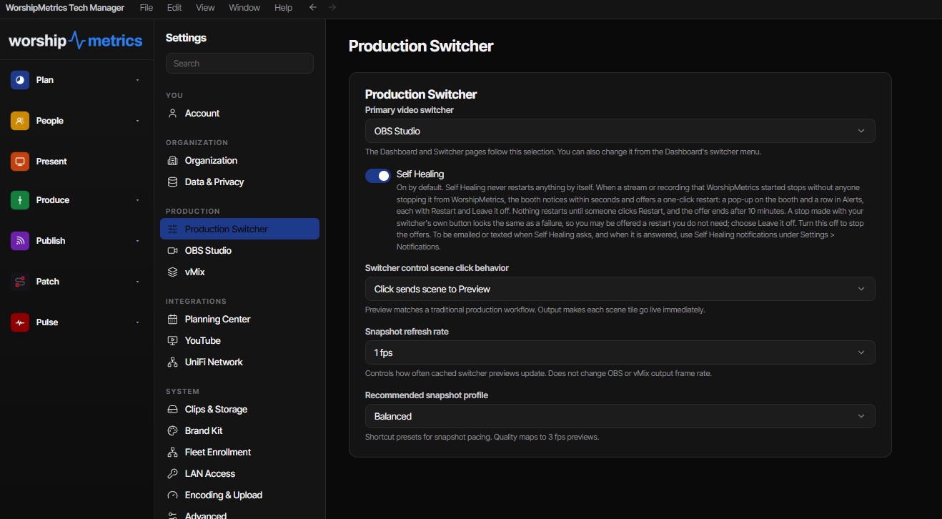 Tech Manager Settings, Production Switcher page, with the Self Healing switch turned on beneath the Primary video switcher set to OBS Studio